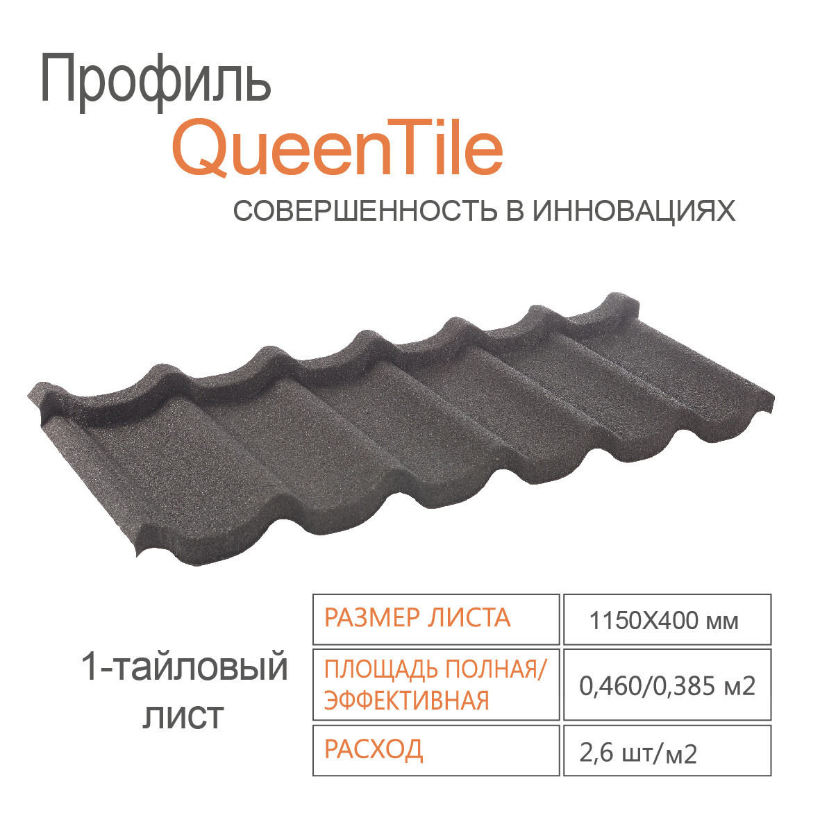 Композитна черепиця 1-тайловий лист — QueenTile ® Standard Black